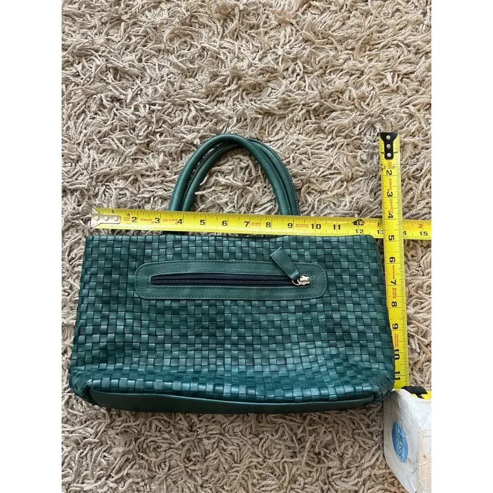 Vintage Green Woven Basket Style Leather Top Handle Zipper Tote Bag Handbag